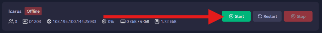 Start your Icarus server in the GGServers control panel