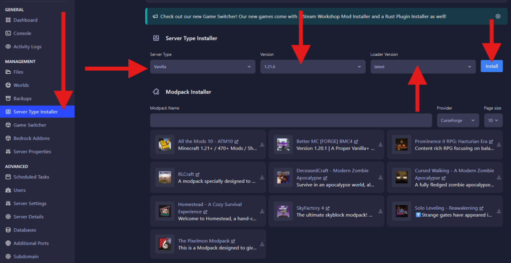 GGServers control panel showing how to install Minecraft 1.21.6 using the Server Type Installer with Vanilla selected.